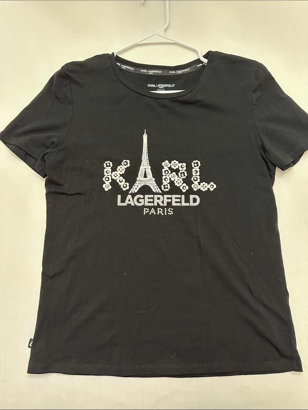 Karl Lagerfeld Black Short-Sleeve Tee with Silver Sequin Logo